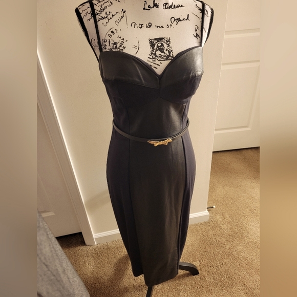 Venus ~ Black Bodycon Dress w/Faux Leather Details - Picture 4 of 5